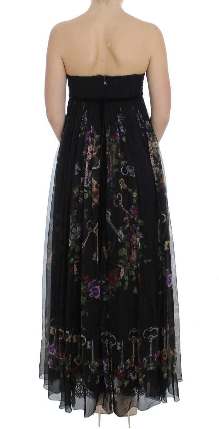 Dolce & Gabbana Multicolor Rose & Key Print Maxi Dress with Crystal Dolce & Gabbana