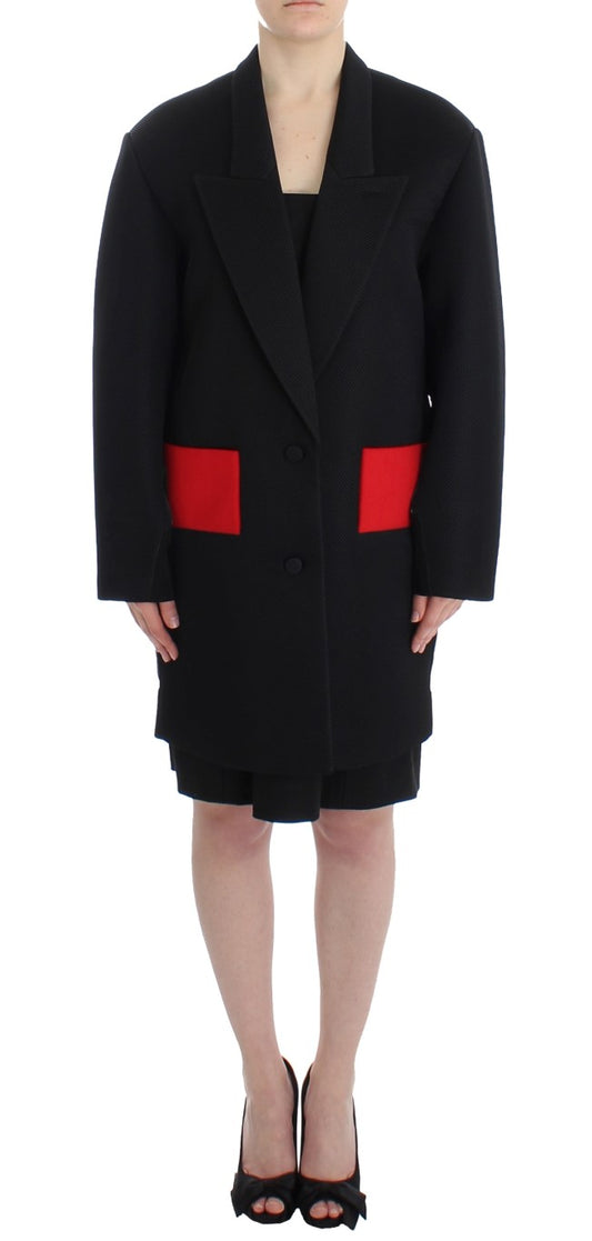 KAALE SUKTAE Elegant Draped Long Coat in Black with Red Accents KAALE SUKTAE