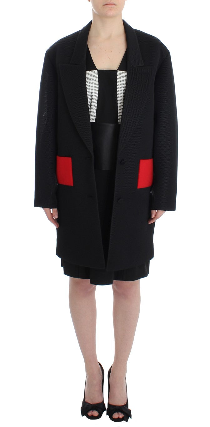 KAALE SUKTAE Elegant Draped Long Coat in Black with Red Accents KAALE SUKTAE