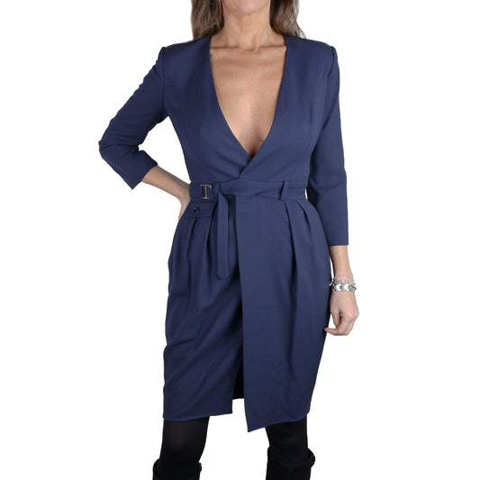 Elisabetta Franchi Elegant V-Neck Belted Dress in Blue Elisabetta Franchi