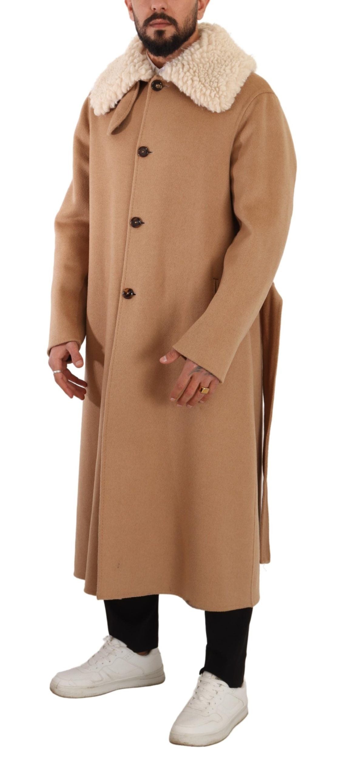 Dolce & Gabbana Opulent Beige Shearling-Collar Overcoat Dolce & Gabbana