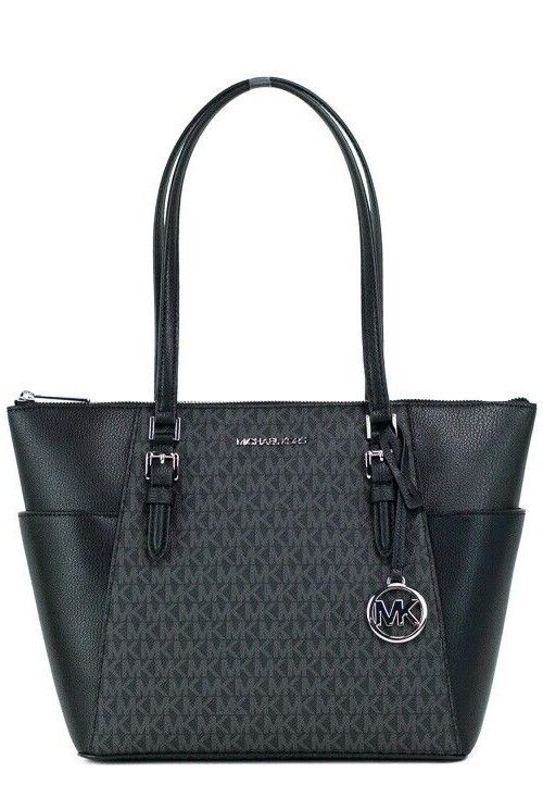 Michael Kors Charlotte Black PVC Leather Large Top Zip Tote Handbag Bag Purse Michael Kors