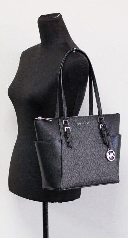 Michael Kors Charlotte Black PVC Leather Large Top Zip Tote Handbag Bag Purse Michael Kors