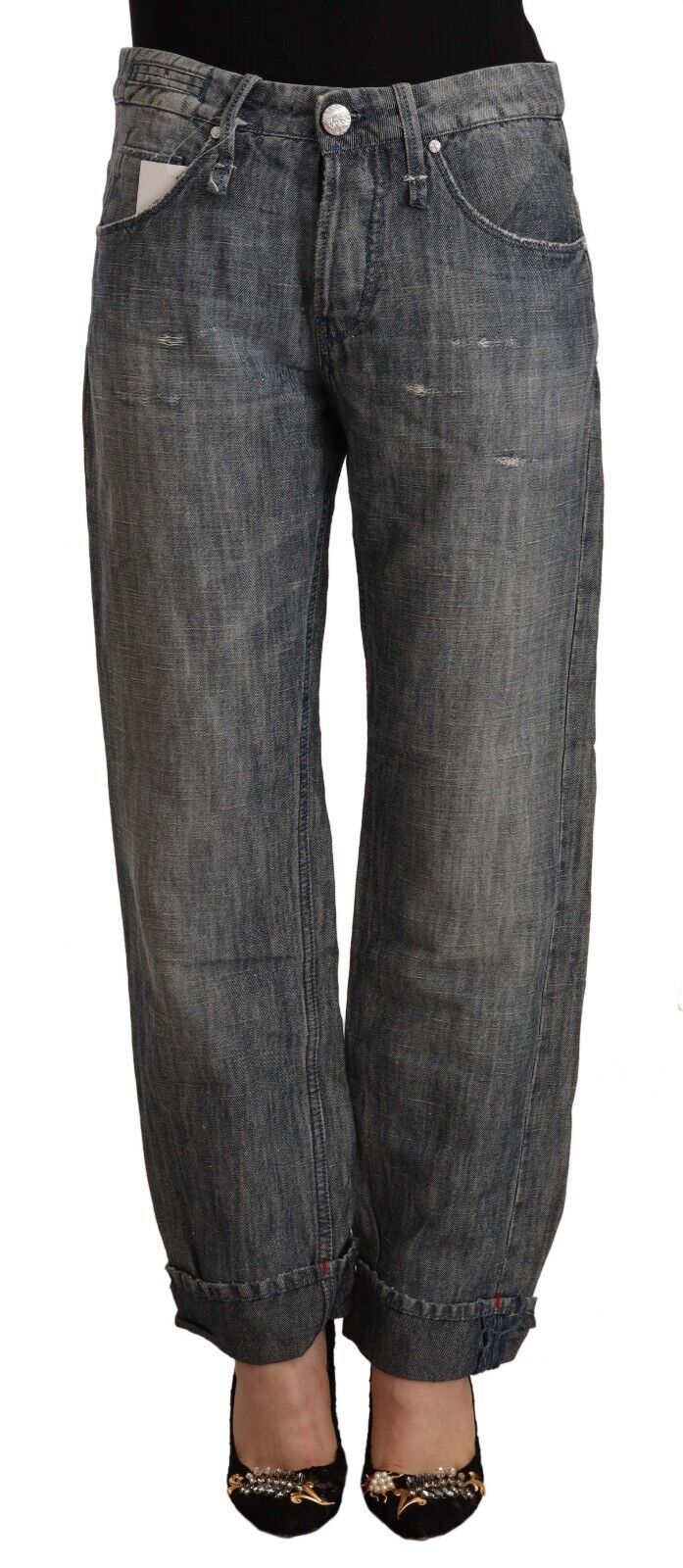 Acht Chic Gray Straight Cut Ramie-Cotton Jeans Acht