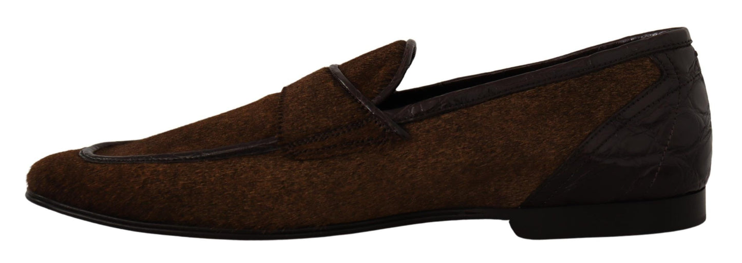 Dolce & Gabbana Elegant Brown Caiman Leather Loafers Dolce & Gabbana