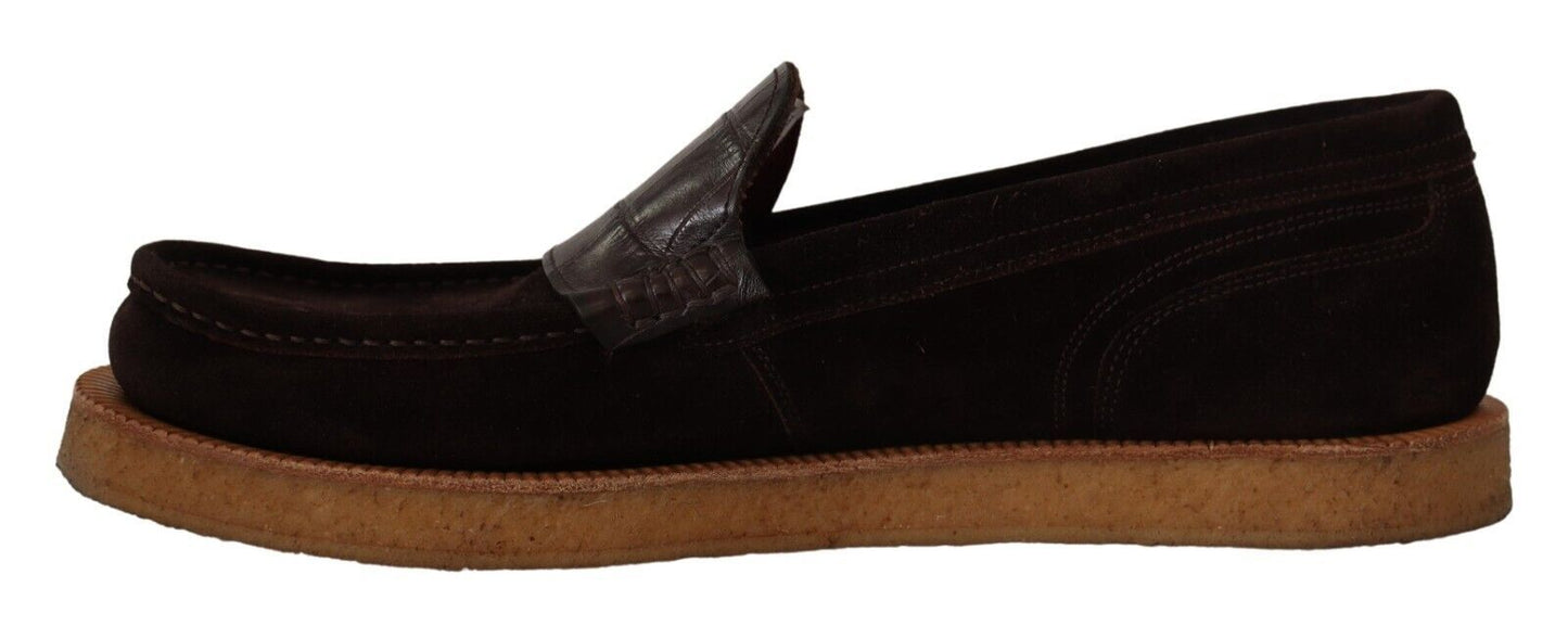 Dolce & Gabbana Elegant Suede Crocodile Loafers in Brown Dolce & Gabbana