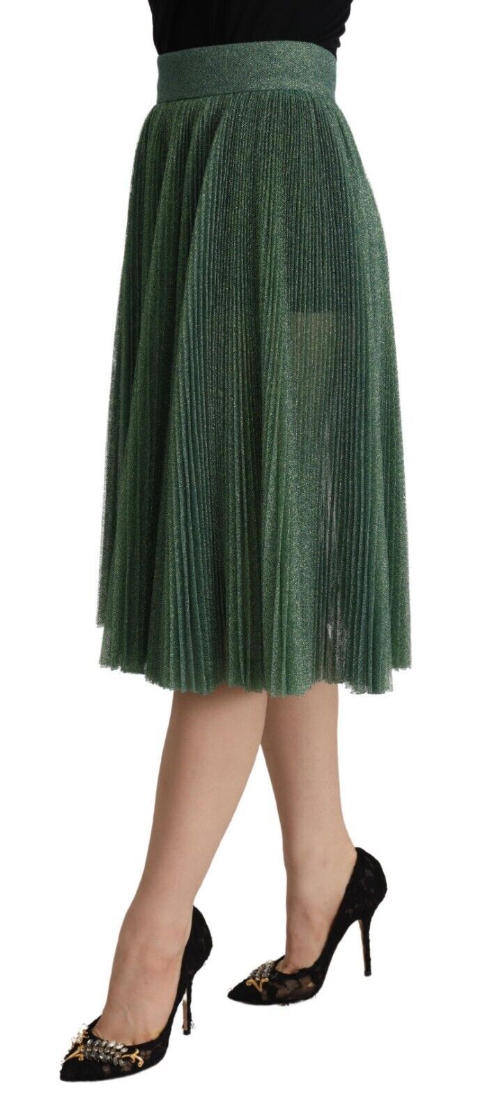 Dolce & Gabbana Metallic Green Pleated A-Line Midi Skirt Dolce & Gabbana