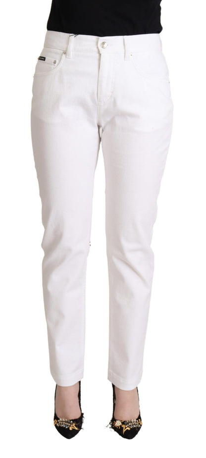 Dolce & Gabbana Chic White Tapered Denim Jeans with Logo Patch Dolce & Gabbana