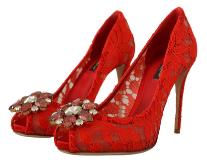 Dolce & Gabbana Red Crystal Taormina Lace Heels Pumps Dolce & Gabbana