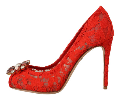 Dolce & Gabbana Red Crystal Taormina Lace Heels Pumps Dolce & Gabbana