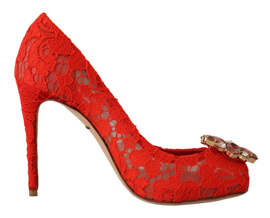 Dolce & Gabbana Red Crystal Taormina Lace Heels Pumps Dolce & Gabbana