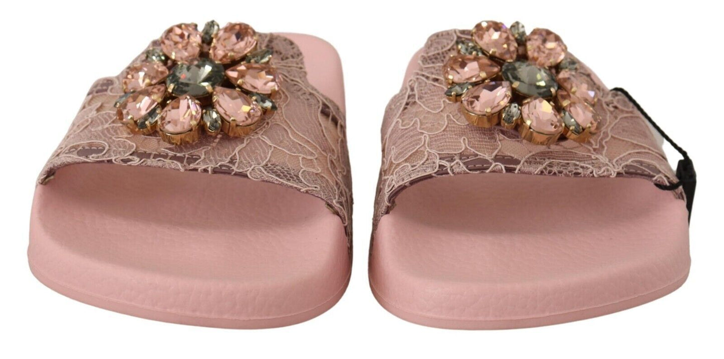 Dolce & Gabbana Floral Lace Crystal Embellished Slide Flats Dolce & Gabbana