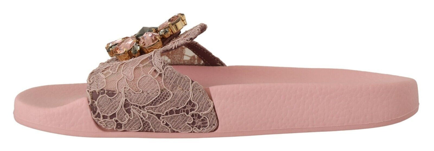 Dolce & Gabbana Floral Lace Crystal Embellished Slide Flats Dolce & Gabbana