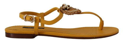 Dolce & Gabbana Mustard T-Strap Flat Sandals with Heart Embellishment Dolce & Gabbana