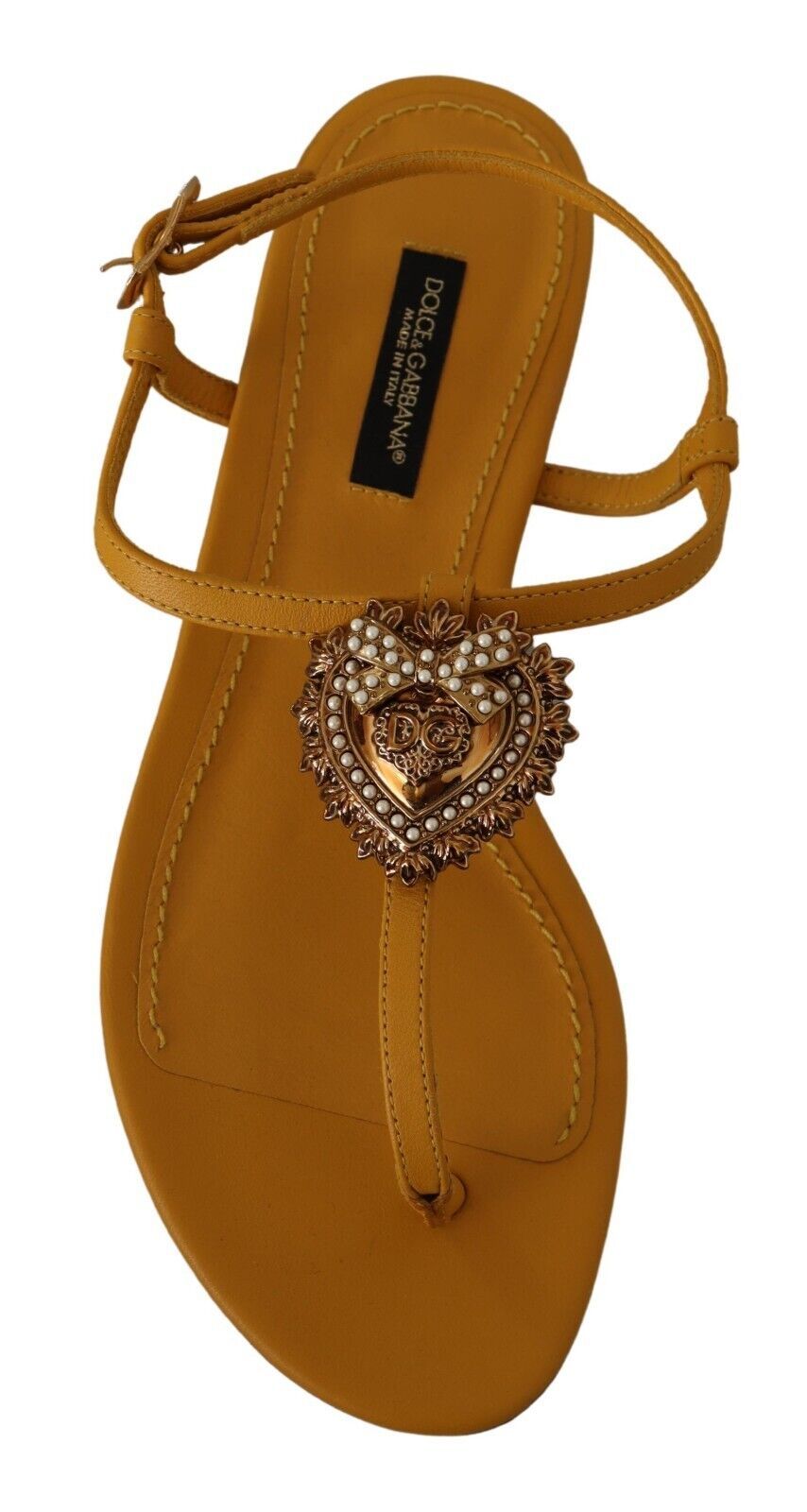 Dolce & Gabbana Mustard T-Strap Flat Sandals with Heart Embellishment Dolce & Gabbana