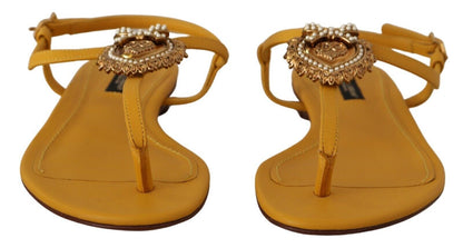 Dolce & Gabbana Mustard T-Strap Flat Sandals with Heart Embellishment Dolce & Gabbana