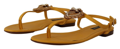 Dolce & Gabbana Mustard T-Strap Flat Sandals with Heart Embellishment Dolce & Gabbana