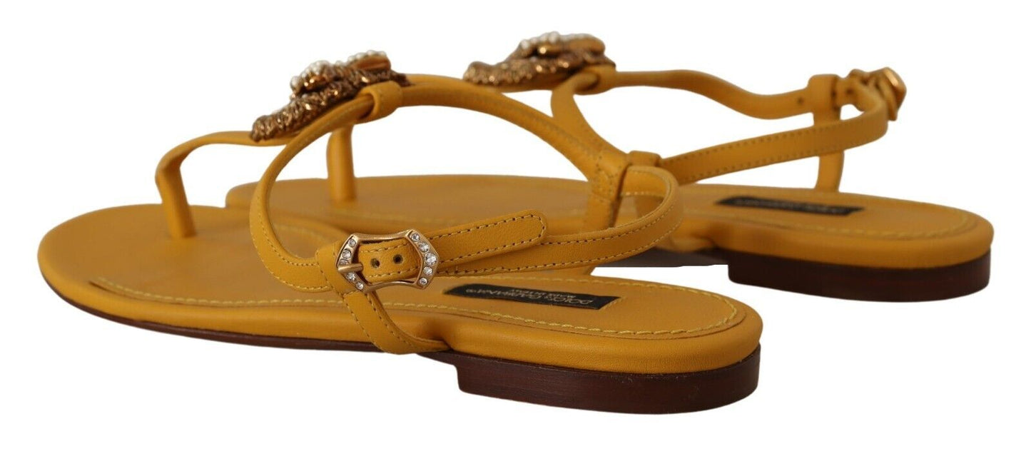 Dolce & Gabbana Mustard T-Strap Flat Sandals with Heart Embellishment Dolce & Gabbana