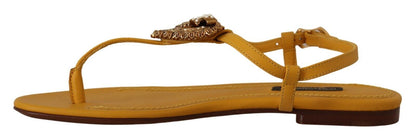 Dolce & Gabbana Mustard T-Strap Flat Sandals with Heart Embellishment Dolce & Gabbana