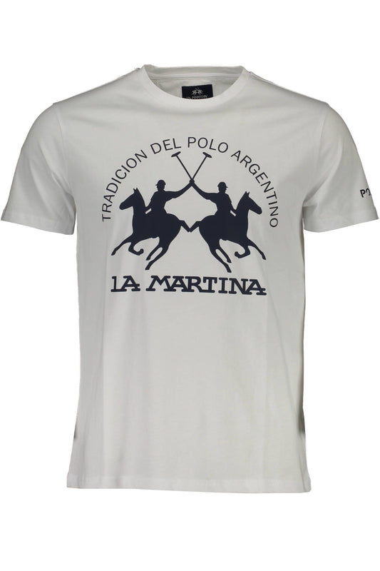 La Martina Crisp White Cotton Crew Neck Tee with Logo Print La Martina