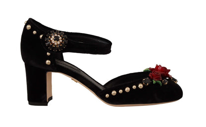 Dolce & Gabbana Black Crystal Rose Heel Sandals Dolce & Gabbana