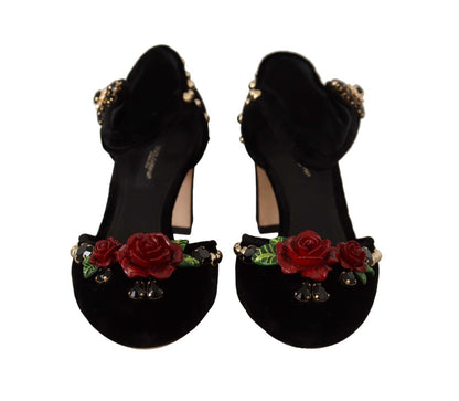 Dolce & Gabbana Black Crystal Rose Heel Sandals Dolce & Gabbana