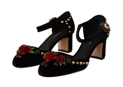 Dolce & Gabbana Black Crystal Rose Heel Sandals Dolce & Gabbana