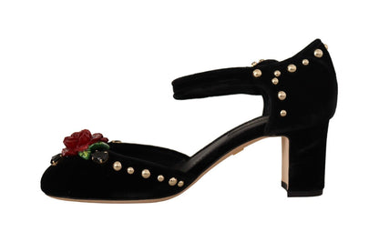 Dolce & Gabbana Black Crystal Rose Heel Sandals Dolce & Gabbana