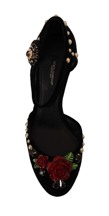 Dolce & Gabbana Black Crystal Rose Heel Sandals Dolce & Gabbana