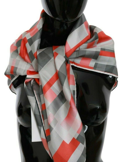 Costume National Elegant Silk Checkered Scarf in Gray and Red Costume National