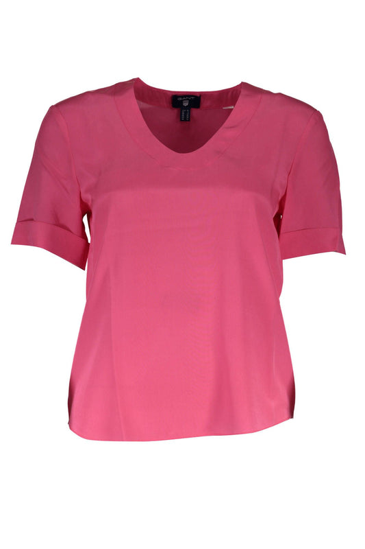 Gant Silk V-Neck Tee in Pink with Logo Accents Gant