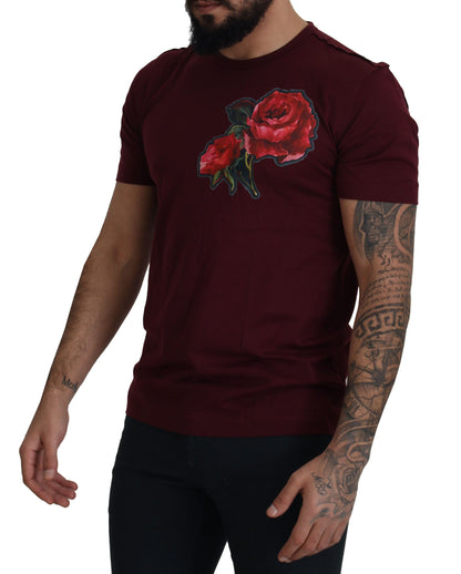 Dolce & Gabbana Elegant Bordeaux Roses Motif Crewneck Tee Dolce & Gabbana