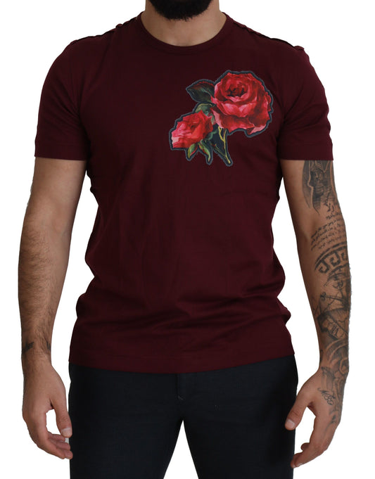 Dolce & Gabbana Elegant Bordeaux Roses Motif Crewneck Tee Dolce & Gabbana