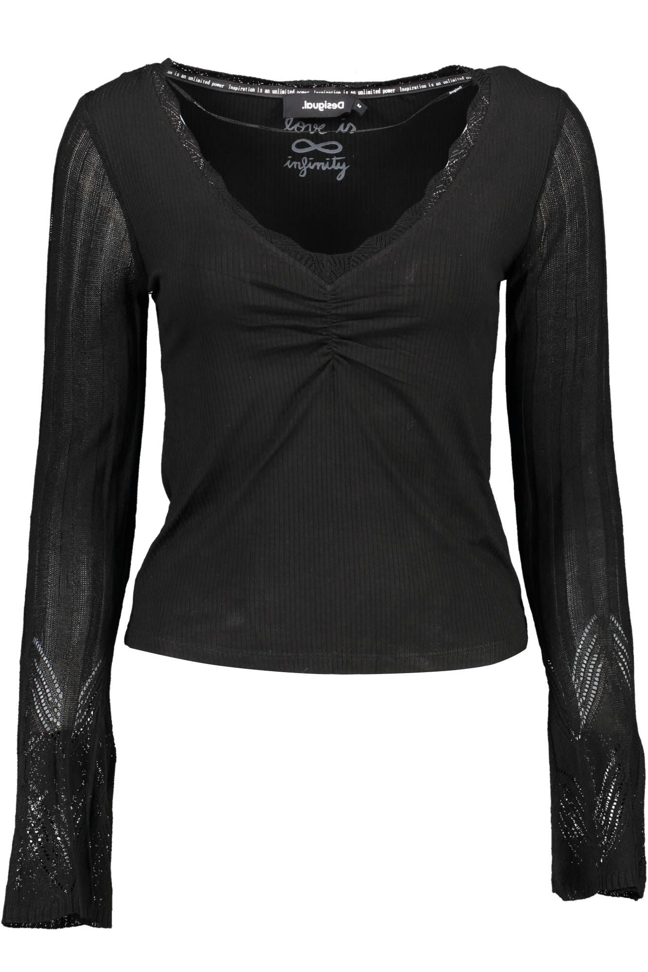 Desigual Chic V-Neck Lace Accent Black Shirt Desigual