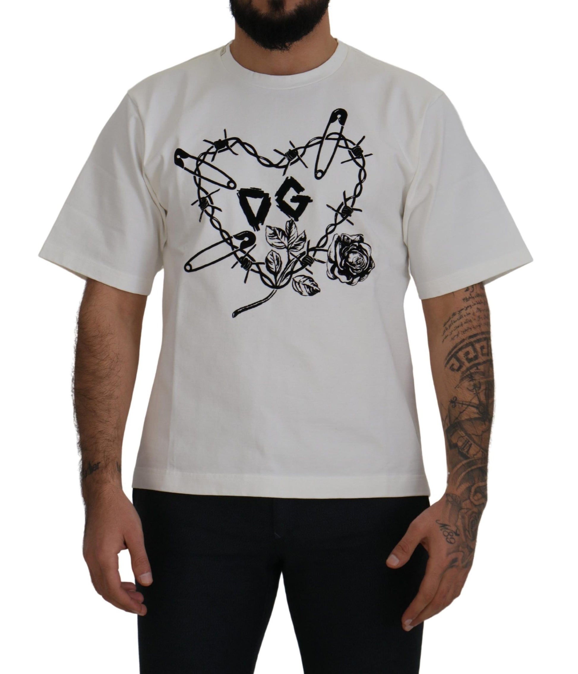 Dolce & Gabbana Elegant White Heart Roses Crewneck Tee