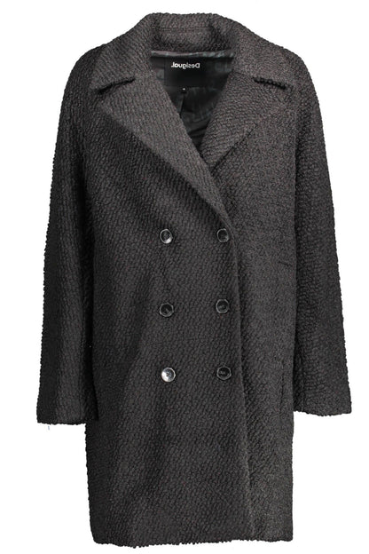 Desigual Chic Wool-Blend Black Coat with Signature Accents Desigual