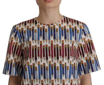 Dolce & Gabbana Chic White Pencil Print Short Sleeve Blouse Dolce & Gabbana