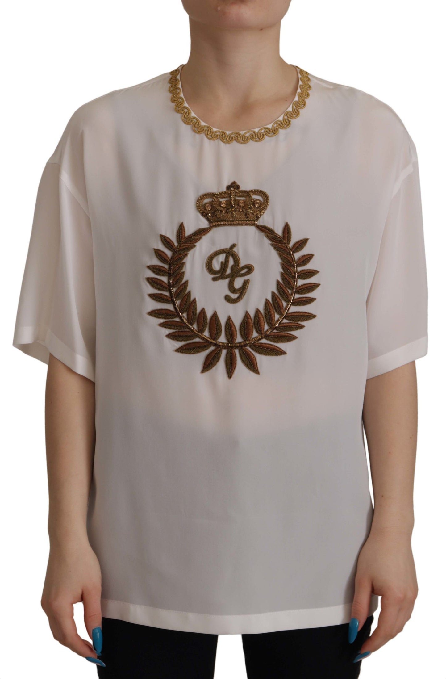 Dolce & Gabbana Elegant Silk Blouse with Gold Crown Embroidery Dolce & Gabbana