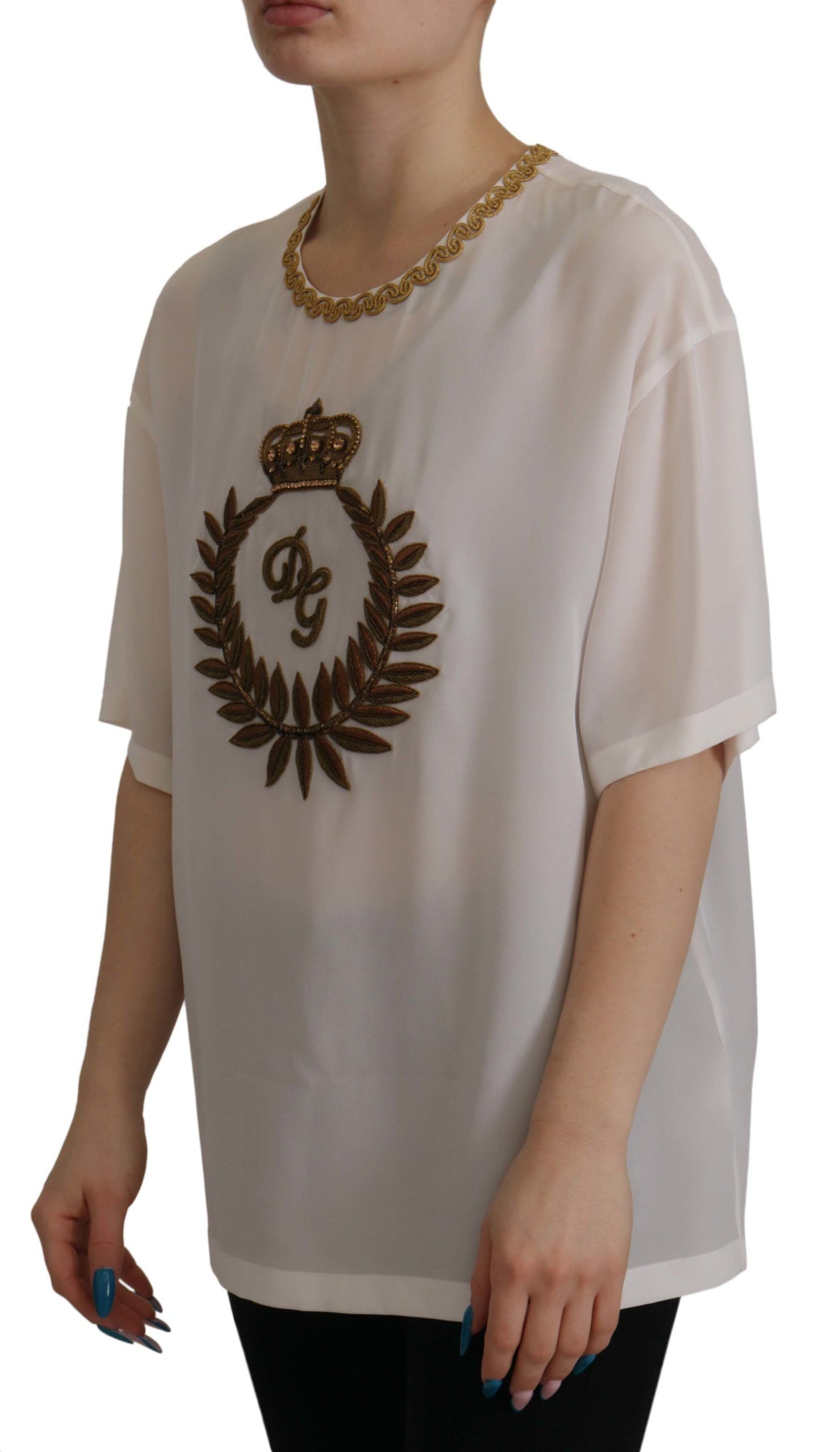 Dolce & Gabbana Elegant Silk Blouse with Gold Crown Embroidery Dolce & Gabbana