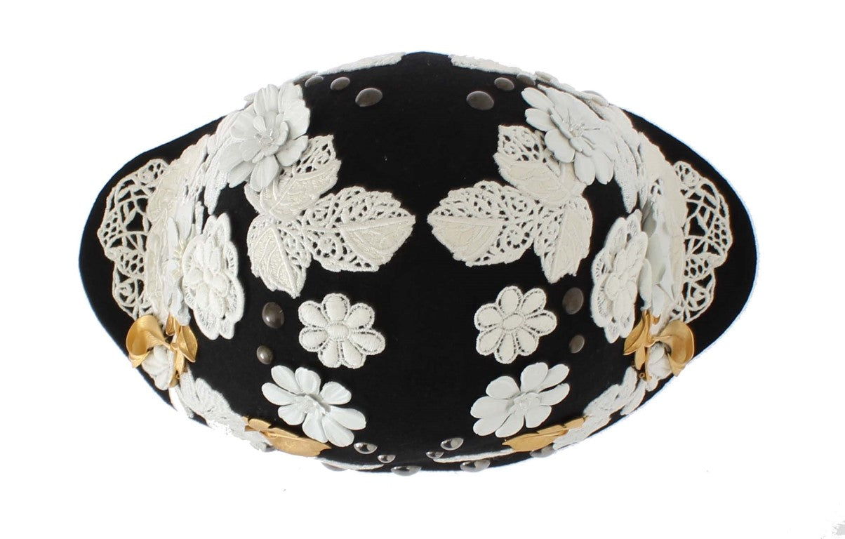 Dolce & Gabbana Elegant Black Floral Wool Cloche Hat Dolce & Gabbana