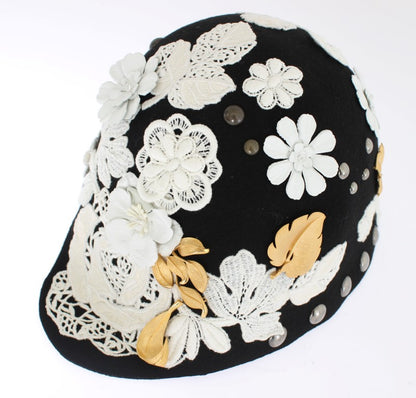 Dolce & Gabbana Elegant Black Floral Wool Cloche Hat Dolce & Gabbana