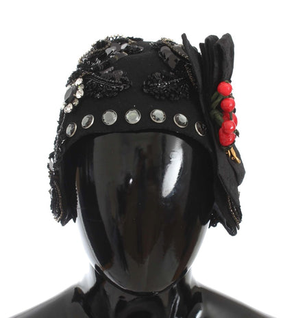 Dolce & Gabbana Elegant Black Crystal-Adorned Cloche Hat Dolce & Gabbana