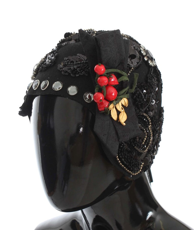 Dolce & Gabbana Elegant Black Crystal-Adorned Cloche Hat Dolce & Gabbana