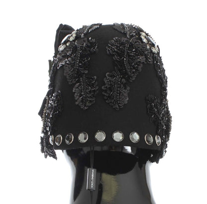 Dolce & Gabbana Elegant Black Crystal-Adorned Cloche Hat Dolce & Gabbana