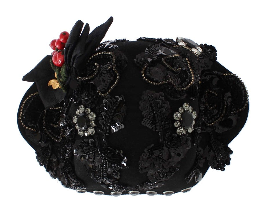 Dolce & Gabbana Elegant Black Crystal-Adorned Cloche Hat Dolce & Gabbana