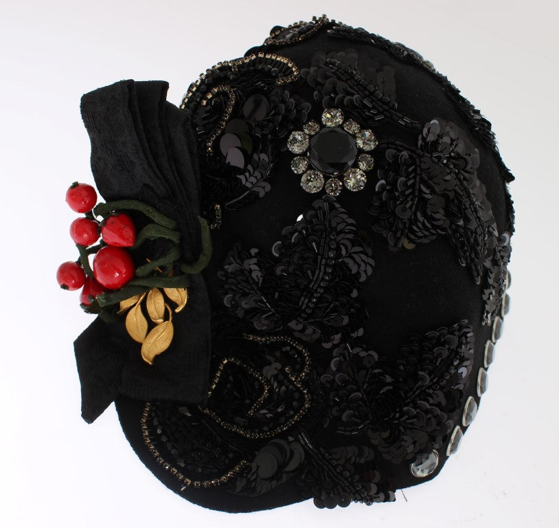 Dolce & Gabbana Elegant Black Crystal-Adorned Cloche Hat Dolce & Gabbana