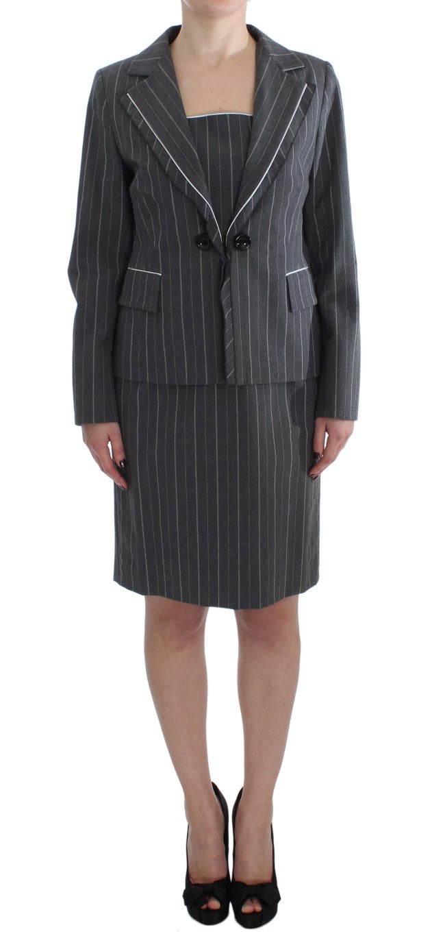 BENCIVENGA Elegant Gray Striped Dress & Blazer Suit Set BENCIVENGA