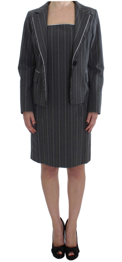 BENCIVENGA Elegant Gray Striped Dress & Blazer Suit Set BENCIVENGA