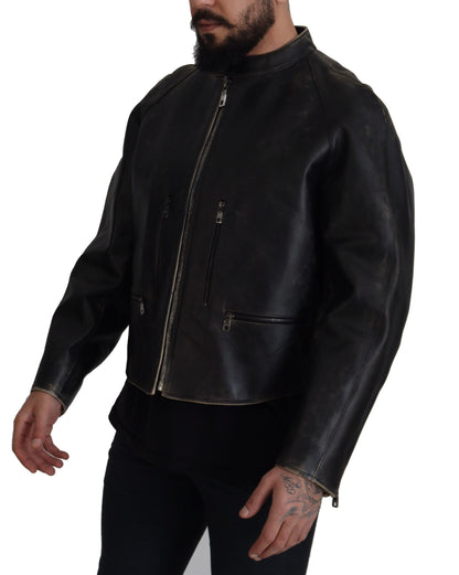 Dolce & Gabbana Elegant Black Leather Jacket with Silver Details Dolce & Gabbana