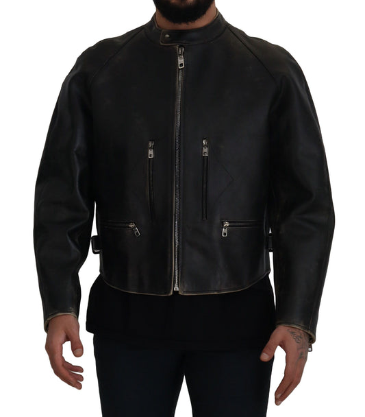 Dolce & Gabbana Elegant Black Leather Jacket with Silver Details Dolce & Gabbana